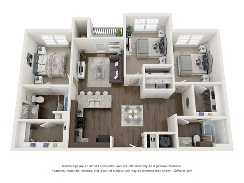 Floor plan for 3 beds, 2 baths, 1162 sqft